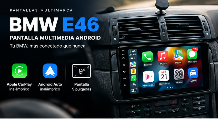 Pantalla BMW E46 9 pulgadas instalada con CarPlay y Android Auto